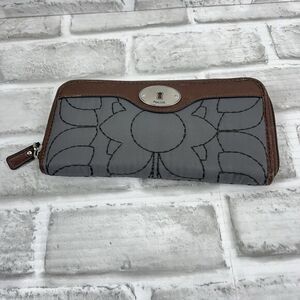 Fossil Key-Per Gray Quilted Fabric Zip Around Clutch Wallet with Brown Leather